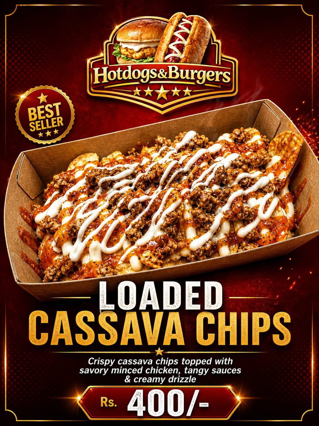Loaded Cassava Chips with minced chicken and creamy drizzle